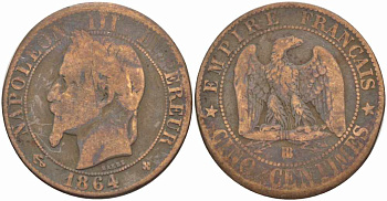 ФРАНЦИЯ 5 САНТИМОВ 1864 BB, НАПОЛЕОН III (1852-1870) KM 797.2, LE FRANC 117.12 бронза 108-551