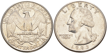 США 25 центов (квотер) 1993 P, Вашингтон KM A164a медь плакированная медно-никелем 4114-933