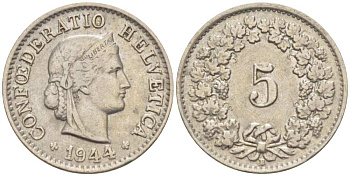 Швейцария 5 раппенов 1944 В KM 26 медно-никель 211-1269