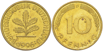 Германия 10 пфеннигов 1996 D KM 108 сталь плакированная латунью aUNC 4613-1241