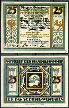 Германия, Арнсберг 25 пфеннигов 1920 нотгельд, 1.7.1919 Tie.0195/01  бумага  UNC (пресс) 444-82-3-1