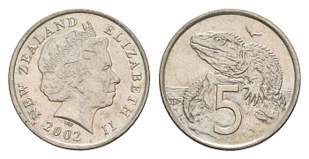 Новая Зеландия 5 центов 2002 Елизавета II (1952-2022), ящерица гаттерия KM 116 медно-никель 4588-323