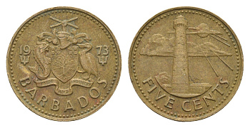 Барбадос 5 центов 1973 маяк Саут-Пойнт KM 11 латунь 4664-644