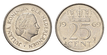Нидерланды 25 центов 1969 Юлиана (1948-1980) KM 183 никель 206-631