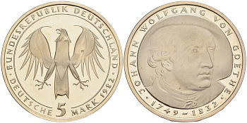 ФРГ 5 марок 1982 D, 150 лет со дня смерти Иоганна Вольфганга фон Гете KM 156, J.432 медно-никель плакированный никелем плакированный никелем PROOF 02-265-23