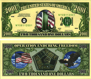 США 2001 ДОЛЛАР 2001 СУВЕНИРНАЯ БАНКНОТЫ, БАШНИ БЛИЗНЕЦЫ И ПЕНТАГОН, ТЕРРОРИСТИЧЕСКАЯ АТАКА 11 СЕНТЯБРЯ 2001 ГОДА бумага UNC (ПРЕСС) 7198-36-3-1