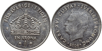 Швеция 1 крона 2004 Карл XVI Густав (1973- ) KM 894 медно-никель 261-1015
