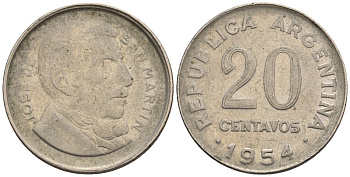 Аргентина 20 сентаво 1954 генерал Хосе де Сан Мартин KM 52, CJ 233, Schon 51a.2 сталь плакированная никелем    60-947