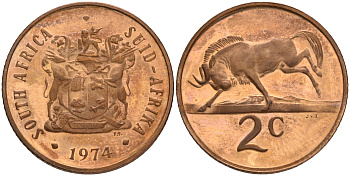 ЮАР 2 цента 1974 герб, антилопа гну KM 83 бронза UNC 4561-715