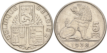 Бельгия 5 франков 1938 Belgique-Belgie KM 116.1 никель    4595-127