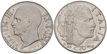 ИТАЛИЯ 20 ЧЕНТЕЗИМО 1942 R, ГОД XX, ВИКТОР ЭММАНУИЛ III (1900-1946), МАГНИТНАЯ, ГУРТ РИФЛЁНЫЙ KM 75b, VEM3. 1029 нержавеющая сталь 3853-431