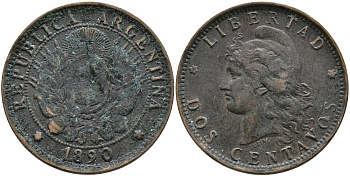 Аргентина 2 сентаво 1890 голова свободы влево KM 8 бронза 4531-945