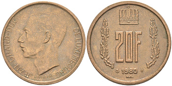 Люксембург 20 франков 1980 герцог Жан (1964-1999) KM 58 алюминиевая бронза 3336-524