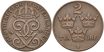 Швеция 2 эре 1933 Густав V (1907-1950) KM 778 бронза 4591-332