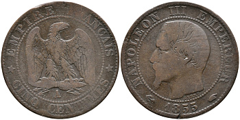 ФРАНЦИЯ 5 САНТИМОВ 1855 А, НАПОЛЕОН III (1852-1870) KM 777.1, LE FRANC 116.17 бронза 28-916
