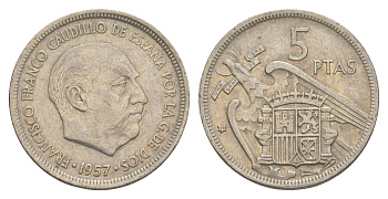 Испания 5 песет 1957 (73) Франсиско Франко (1939-1975) KM 786 медно-никель 4538-416
