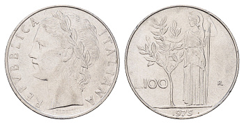 Италия 100 лир 1975 R, Афина у оливкового дерева KM 96.1 нержавеющая сталь 186-1024