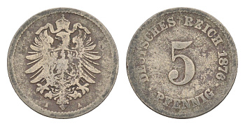 Германия 5 пфеннигов 1876 A, Вильгельм II (1888-1918) KM 3, J. 3 медно-никель 4647-856