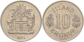 Исландия 10 крон 1971 KM 15 медно-никель UNC 4606-653