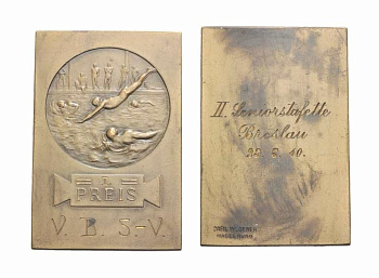 Германия плакетка 1910 I место в соревнованиях по плаванияю в Бреслау, 40*60 мм, 44,1 гр 1079-6-42