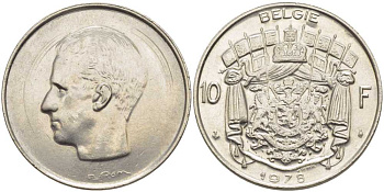 БЕЛЬГИЯ 10 ФРАНКОВ 1978 BELGIE, БОДУЭН I (1951-1993) KM 156.1 никель 115-646