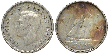 Канада 10 центов 1945 Георг VI (1937-1952), парусник KM 34 серебро 4164-243