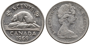 КАНАДА 5 ЦЕНТОВ 1969 БОБЕР, ЕЛИЗАВЕТА II KM 60.1 никель 73-1657