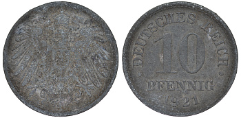 ГЕРМАНИЯ 10 ПФЕННИГОВ 1921 KM 26, J. 299 цинк 45-721