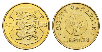 Эстония 1 крона 2008 90 лет Эстонской республике KM 44 латунь UNC 4148-255