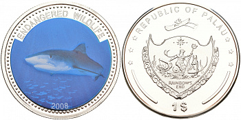 Палау 1 доллар 2008 серия вымирающие виды, синяя акула, цветная эмаль KM 201 медно-никель PROOF M3-3