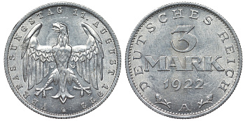 Германия 3 марки 1922 A, третья годовщина Веймарской Конституции KM 29, J. 303 алюминий 4123-136