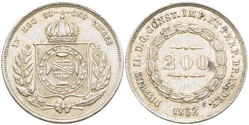 Бразилия 200 рейс 1862 Педро II (1831-1889) KM 469 серебро    4528-142