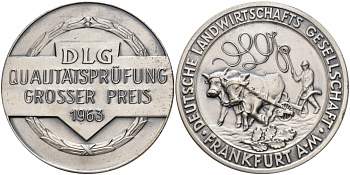 Германия, Франкфурт на Майне медаль 1963 СЕЛЬСКОХОЗЯЙСТВЕННОГО ОБЩЕСТВА Франкфурта, ПЕРВЫЙ ПРИЗ КОНТРОЛЯ КАЧЕСТВА, диаметр 61 мм., DLG белый металл 1069-2-21