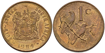 ЮАР 1 цент 1984 герб, капские воробьи KM 82 бронза UNC 66-264