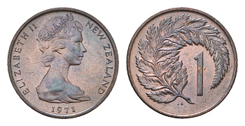 Новая Зеландия 1 цент 1971 Елизавета II (1952-2022), лист папоротника KM 31.1 бронза UNC 4690-823