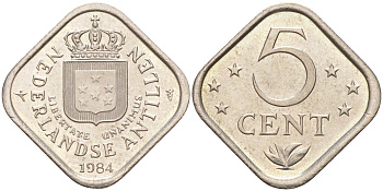 Нидерландские Антилы 5 центов 1984 Беатрикс (1980-2013) KM 13 медно-никель 1530-315