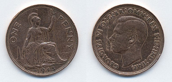 Великобритания 1 пенни 1945 Георг VI (1936-1952) KM 845, Spink 4114 бронза 56-234