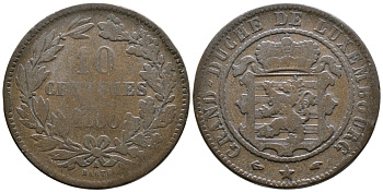 ЛЮКСЕМБУРГ 10 САНТИМОВ 1860 А, ВИЛЬЯМ III НИДЕРЛАНДСКИЙ (1849-1890) KM 23.2 бронза 53-1215