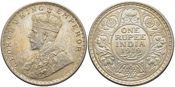 БРИТАНСКАЯ ИНДИЯ 1 РУПИЯ 1919 ГЕОРГ V KM 524 серебро UNC 1080-1-45