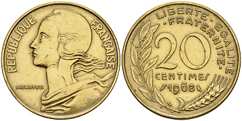 Франция 20 сантимов 1968 тип Марианна KM 930 медь алюминий никель    4153-411