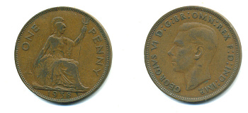 Великобритания 1 пенни 1938 Георг VI (1936-1952) KM 845, Spink 4114 бронза 4383-714