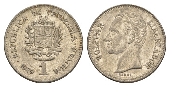 Венесуэла 1 боливар 1989 Симон Боливар, тонкий шрифт Y 52a.1 сталь плакированная никелем 4591-342