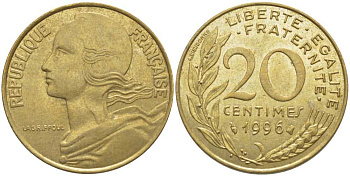 ФРАНЦИЯ 20 САНТИМОВ 1996 ТИП MARIANNE KM 930, LE FRANC 156.40 медь алюминий никель 175-914