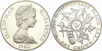 Остров Мэн 1 крона 1980 Зимние Олимпийские игры 1980 года в Лейк-Плэсиде, виды спорта KM 64a серебро PROOF 11-036-42