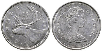 КАНАДА 25 ЦЕНТОВ 1989 ОЛЕНЬ, ЕЛИЗАВЕТА II KM 74 никель 4364-2154