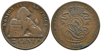 БЕЛЬГИЯ 2 САНТИМА 1863 BELGES KM 4.2 медь 4364-4154