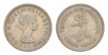Родезия и Ньясаленд 3 пенса 1964 Елизавета II (1952-2022), цветок глориоза KM  3 медно-никель  4640-932