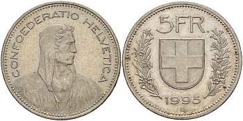Швейцария 5 франков 1995 B, Вильгельм Телль KM 40a медно-никель 4157-346