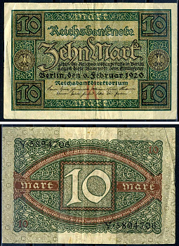 Германия 10 марок 1920 буква K, серия Y, номер семизначный Pick 67a, Rosenberg 63а бумага 8617-33-1-1