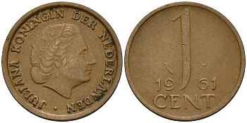 Нидерланды 1 цент 1961 Юлиана (1949-1980) KM 180 бронза    4598-224